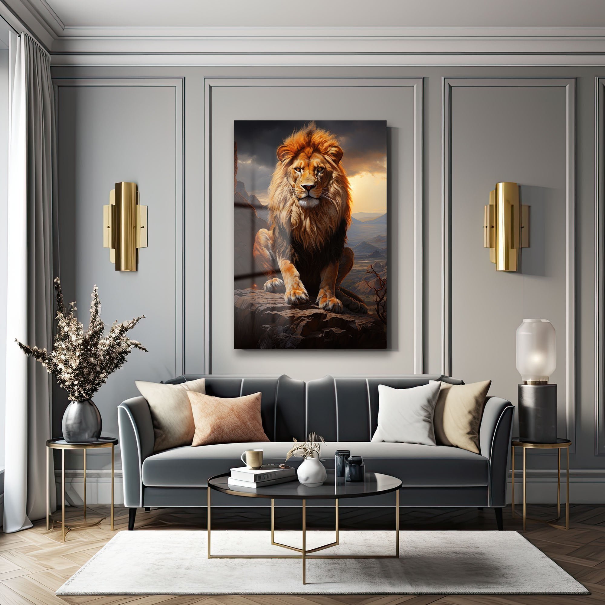 Savannah'ın Hükümdarı: Görkemli Aslan Cam Tablo Duvar Dekoru cam tablo, duvar sanatı, modern dekorasyon, soyut sanat, cam sanat eserleri, iç mekan dekorasyonu, ofis dekorasyonu, ev dekorasyonu, restoran dekorasyonu, cafe dekorasyonu, cam baskı, UV baskı, estetik duvar sanatı