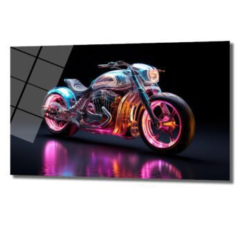 Neon Enerjisi: Fütüristik Motosiklet Cam Tablo - Glazella