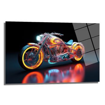 Neon Işıklı Fütüristik Motosiklet: Dinamik Cam Tablo - Glazella