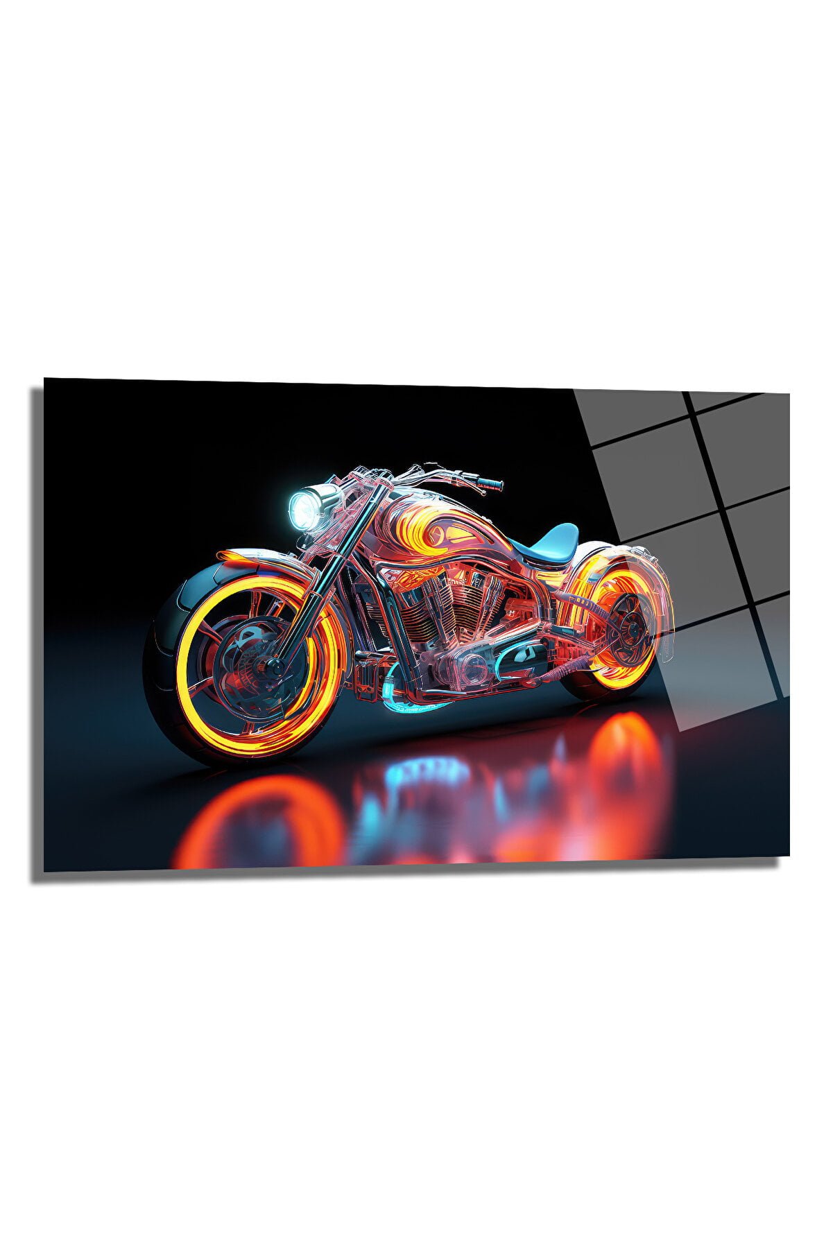 Neon Işıklı Fütüristik Motosiklet: Dinamik Cam Tablo Duvar Dekoru cam tablo, duvar sanatı, modern dekorasyon, soyut sanat, cam sanat eserleri, iç mekan dekorasyonu, ofis dekorasyonu, ev dekorasyonu, restoran dekorasyonu, cafe dekorasyonu, cam baskı, UV baskı, estetik duvar sanatı