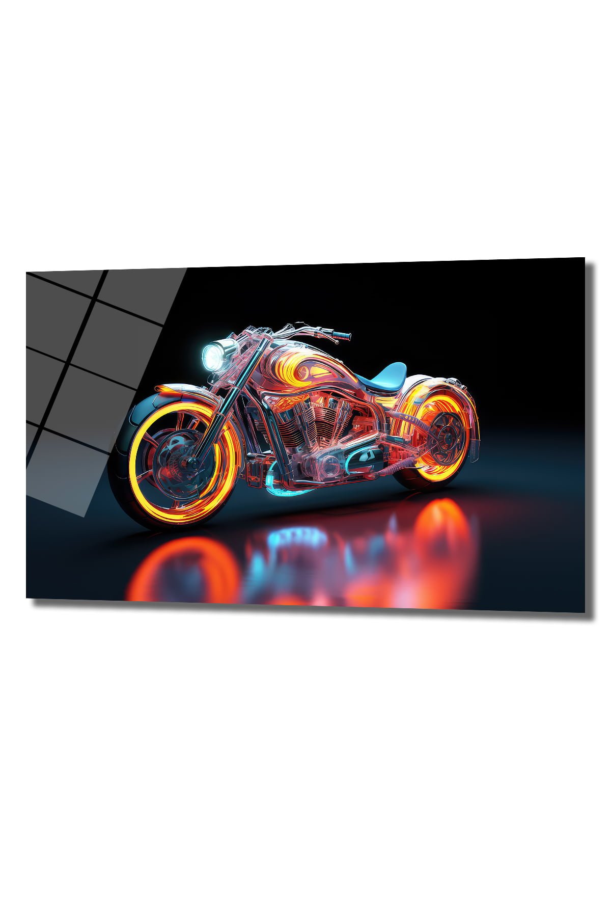Neon Işıklı Fütüristik Motosiklet: Dinamik Cam Tablo Duvar Dekoru cam tablo, duvar sanatı, modern dekorasyon, soyut sanat, cam sanat eserleri, iç mekan dekorasyonu, ofis dekorasyonu, ev dekorasyonu, restoran dekorasyonu, cafe dekorasyonu, cam baskı, UV baskı, estetik duvar sanatı