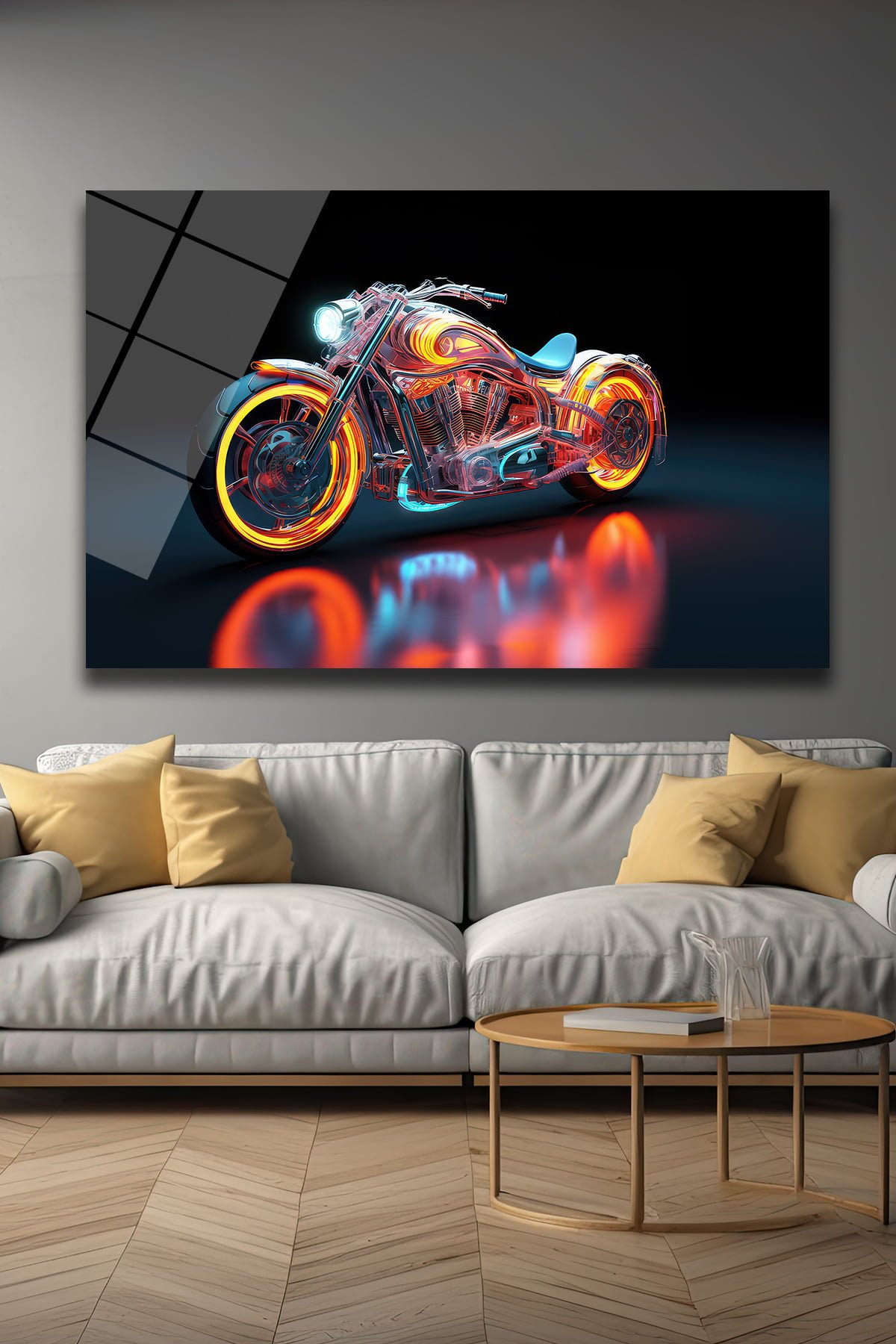Neon Işıklı Fütüristik Motosiklet: Dinamik Cam Tablo Duvar Dekoru cam tablo, duvar sanatı, modern dekorasyon, soyut sanat, cam sanat eserleri, iç mekan dekorasyonu, ofis dekorasyonu, ev dekorasyonu, restoran dekorasyonu, cafe dekorasyonu, cam baskı, UV baskı, estetik duvar sanatı