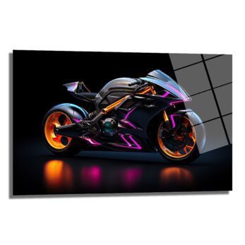 Neon Hızın Dansı: Fütüristik Motosiklet Modern Cam Tablo - Glazella