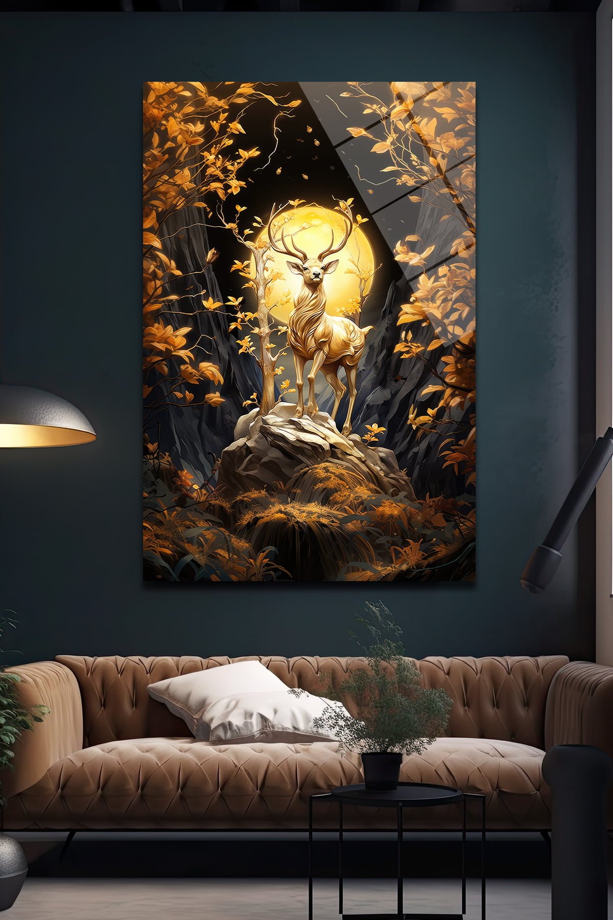 Altın Geyik ve Dolunay: Büyülü Orman Temperli Cam Tablo Duvar Dekoru cam tablo, duvar sanatı, modern dekorasyon, soyut sanat, cam sanat eserleri, iç mekan dekorasyonu, ofis dekorasyonu, ev dekorasyonu, restoran dekorasyonu, cafe dekorasyonu, cam baskı, UV baskı, estetik duvar sanatı