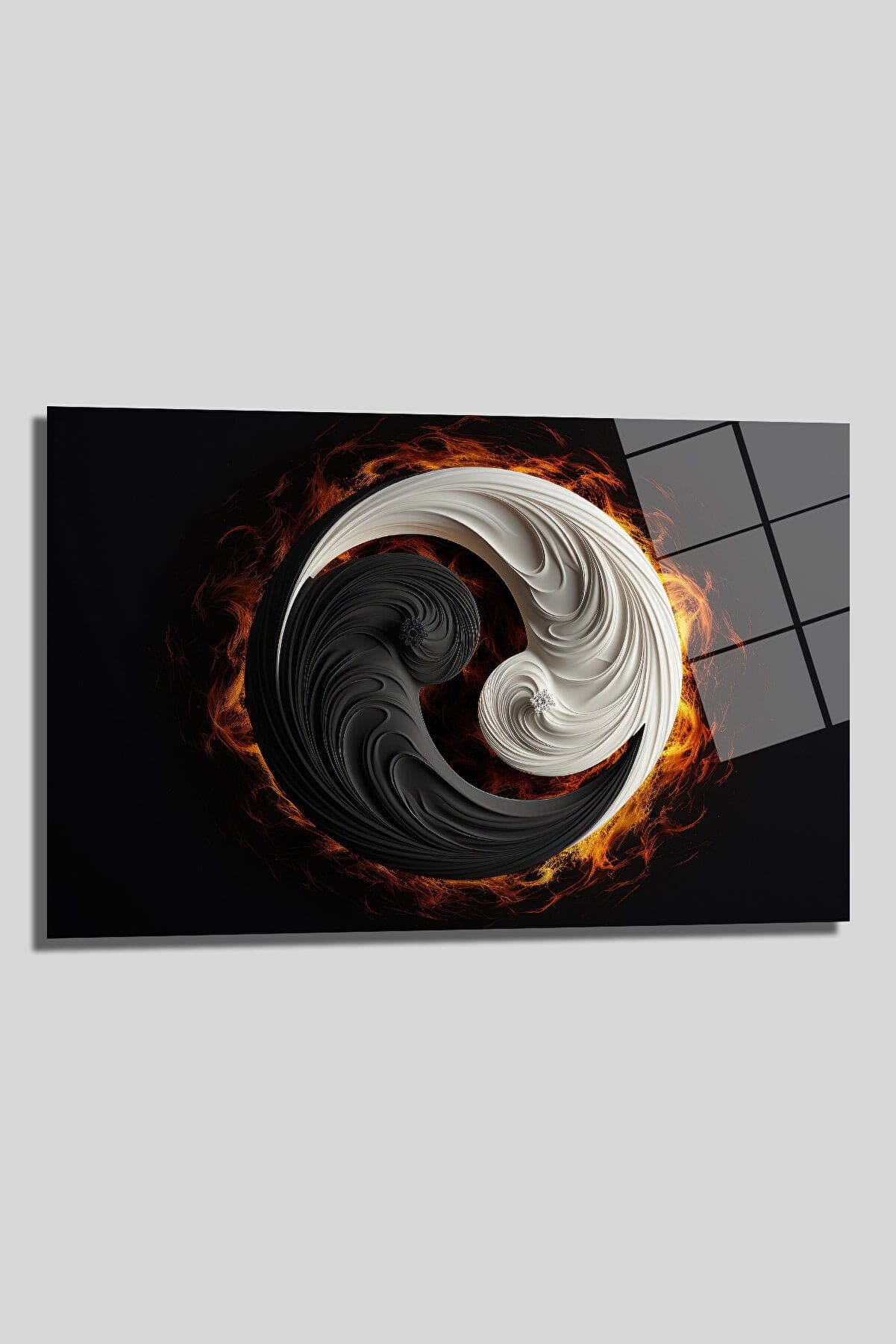 Ateşin Dansı: Modern Yin Yang Temperli Cam Tablo - Glazella Ateşin Dansı: Modern Yin Yang Temperli Cam Tablo - Glazella