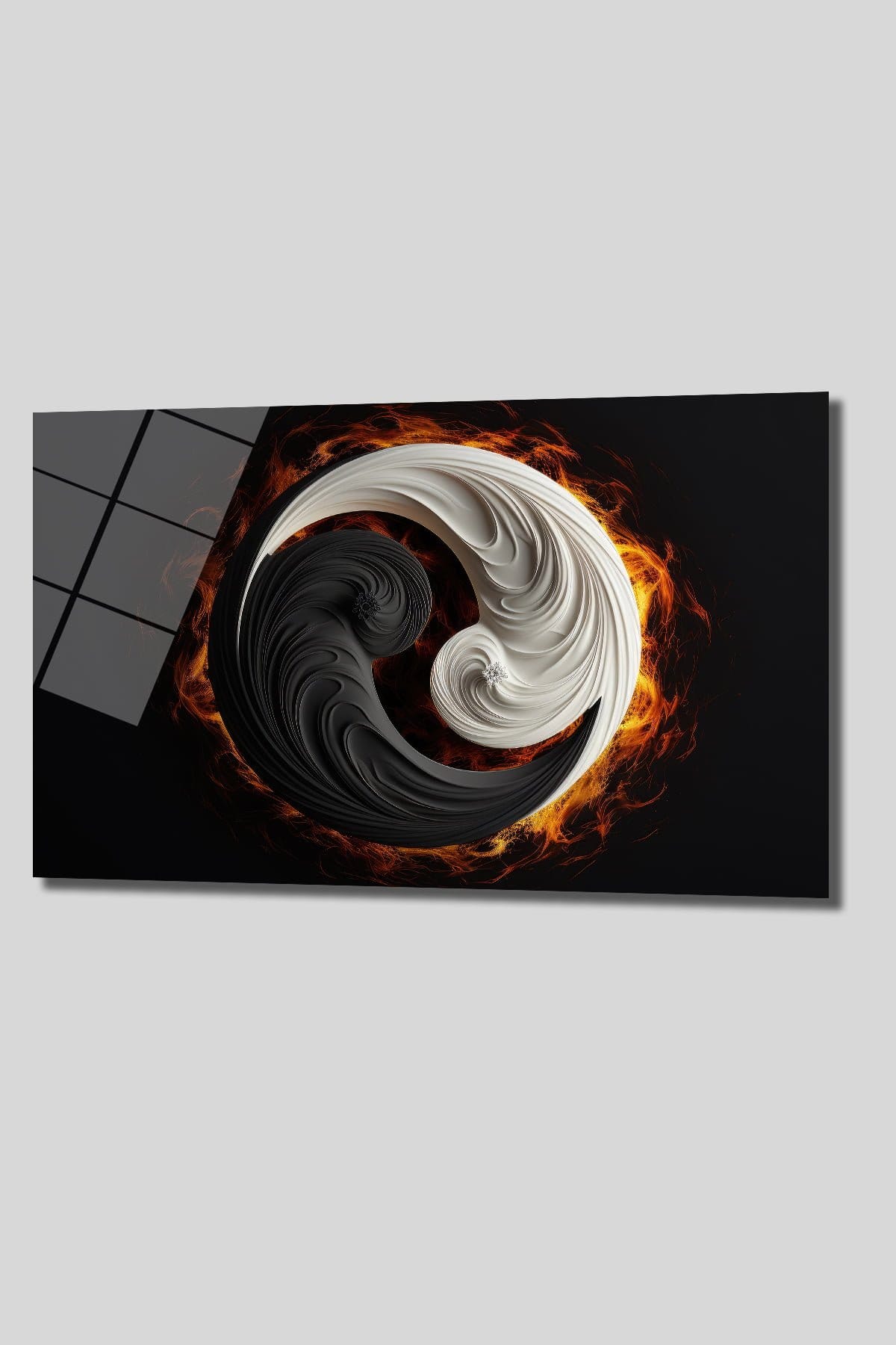 Ateşin Dansı: Modern Yin Yang Temperli Cam Tablo - Glazella Ateşin Dansı: Modern Yin Yang Temperli Cam Tablo - Glazella