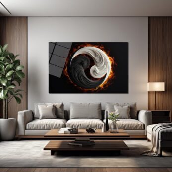 Ateşin Dansı: Modern Yin Yang Temperli Cam Tablo - Glazella Ateşin Dansı: Modern Yin Yang Temperli Cam Tablo - Glazella