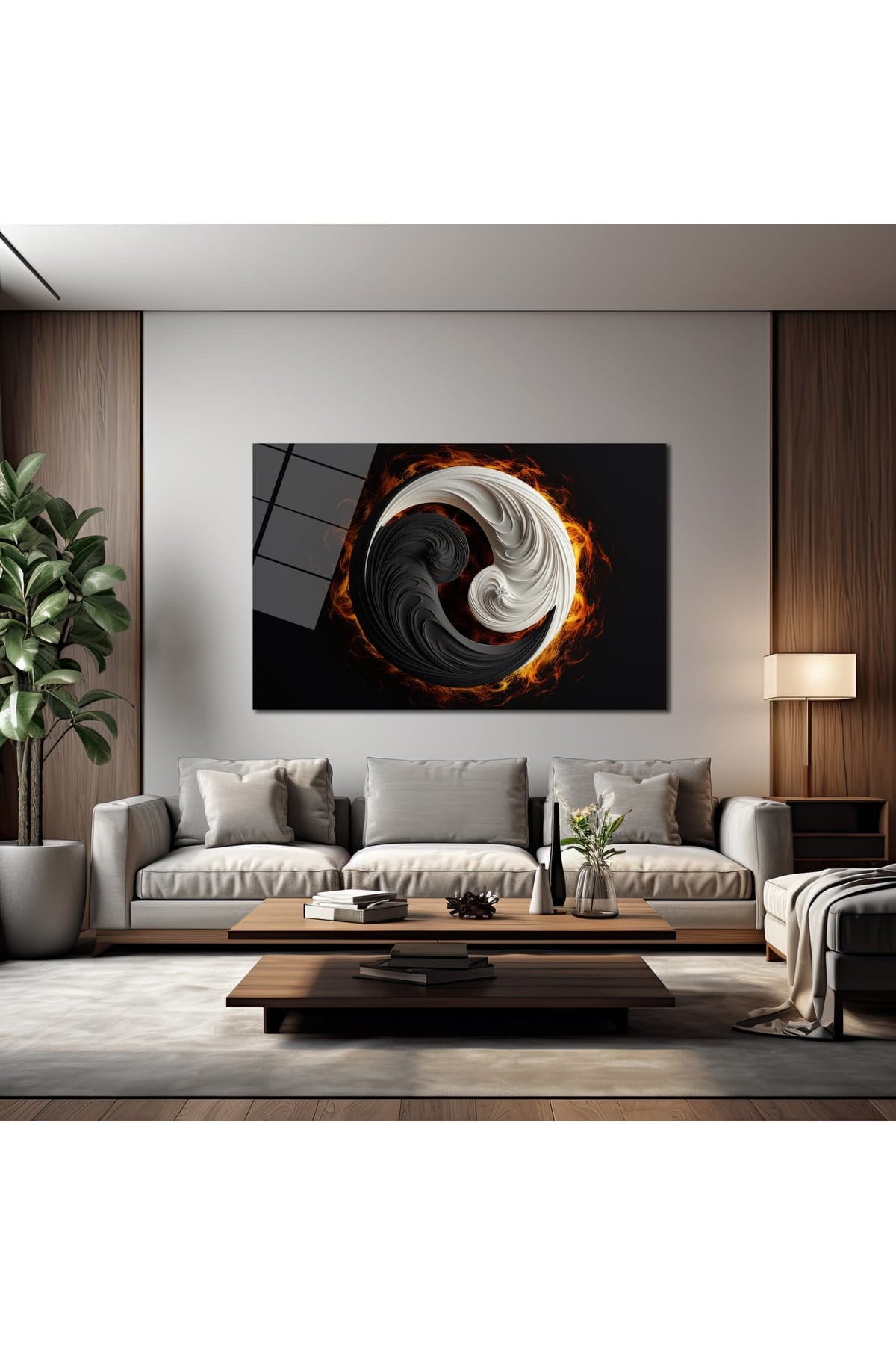 Ateşin Dansı: Modern Yin Yang Temperli Cam Tablo - Glazella Ateşin Dansı: Modern Yin Yang Temperli Cam Tablo - Glazella