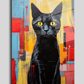 Gizemli Siyah Kedi: Soyut Renklerle Modern Temperli Cam Tablo - Glazella