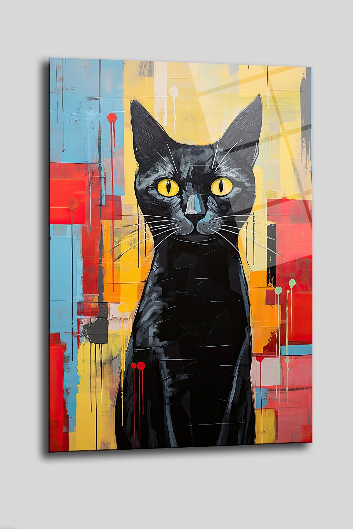Gizemli Siyah Kedi: Soyut Renklerle Modern Temperli Cam Tablo Duvar Dekoru cam tablo, duvar sanatı, modern dekorasyon, soyut sanat, cam sanat eserleri, iç mekan dekorasyonu, ofis dekorasyonu, ev dekorasyonu, restoran dekorasyonu, cafe dekorasyonu, cam baskı, UV baskı, estetik duvar sanatı