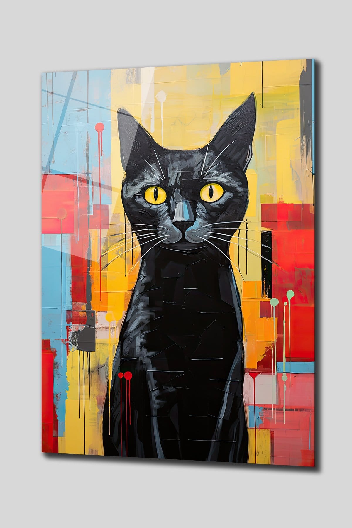 Gizemli Siyah Kedi: Soyut Renklerle Modern Temperli Cam Tablo Duvar Dekoru cam tablo, duvar sanatı, modern dekorasyon, soyut sanat, cam sanat eserleri, iç mekan dekorasyonu, ofis dekorasyonu, ev dekorasyonu, restoran dekorasyonu, cafe dekorasyonu, cam baskı, UV baskı, estetik duvar sanatı