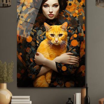 Gizemli Kadın ve Turuncu Kedi: Modern Sanat Temperli Cam Tablo - Glazella Gizemli Kadın ve Turuncu Kedi: Modern Sanat Temperli Cam Tablo - Glazella