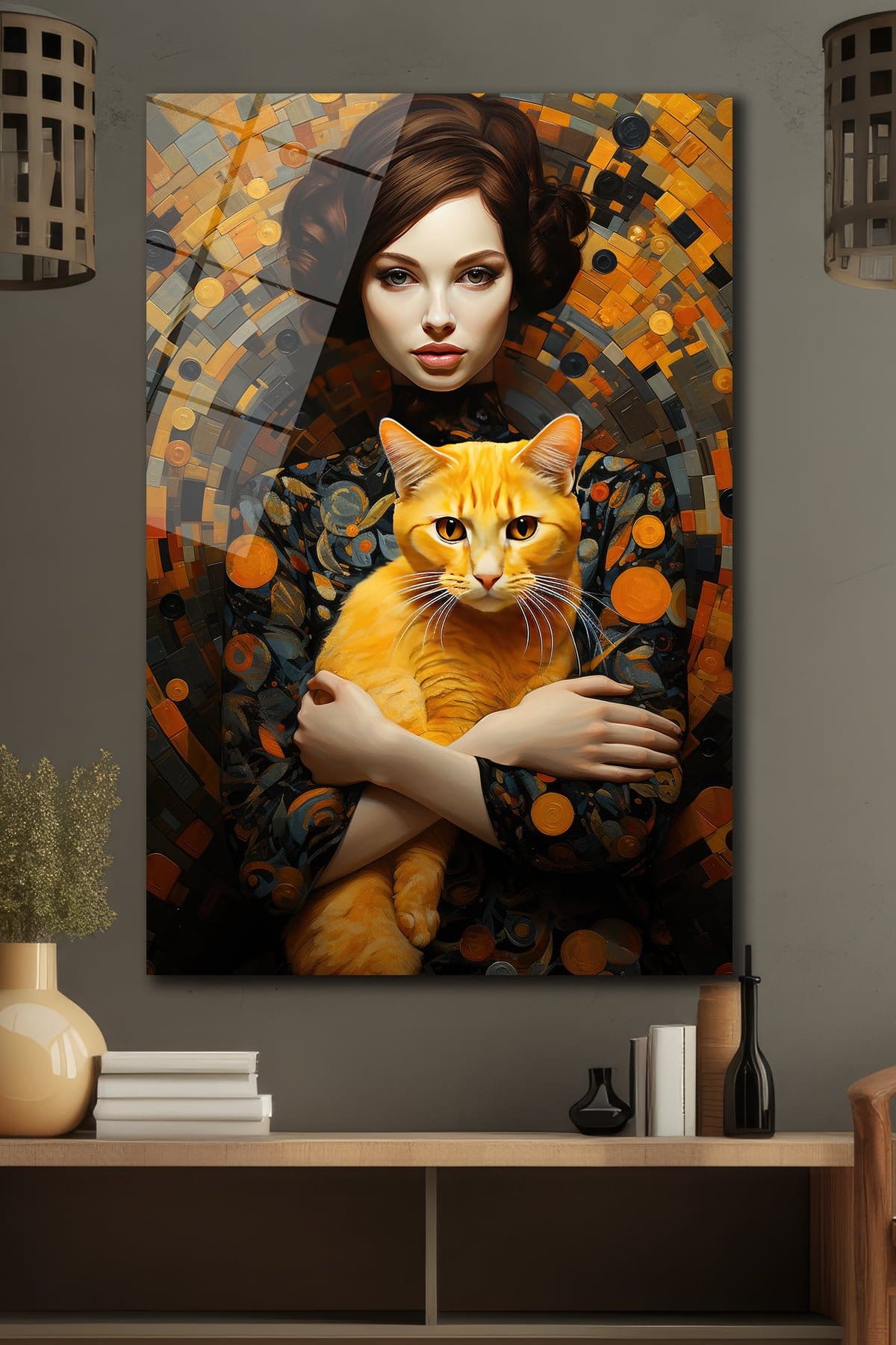 Gizemli Kadın ve Turuncu Kedi: Modern Sanat Temperli Cam Tablo Duvar Dekoru cam tablo, duvar sanatı, modern dekorasyon, soyut sanat, cam sanat eserleri, iç mekan dekorasyonu, ofis dekorasyonu, ev dekorasyonu, restoran dekorasyonu, cafe dekorasyonu, cam baskı, UV baskı, estetik duvar sanatı