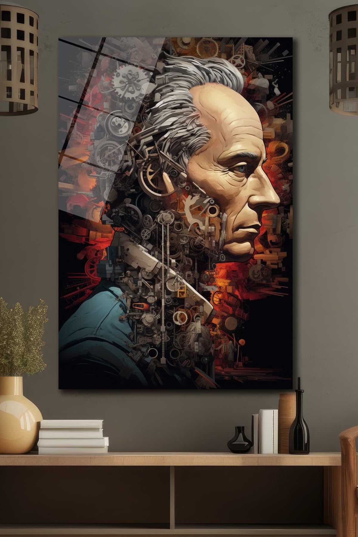 Mekanik Bilinç: Steampunk Temalı Modern Dekoratif Cam Tablo Duvar Dekoru cam tablo, duvar sanatı, modern dekorasyon, soyut sanat, cam sanat eserleri, iç mekan dekorasyonu, ofis dekorasyonu, ev dekorasyonu, restoran dekorasyonu, cafe dekorasyonu, cam baskı, UV baskı, estetik duvar sanatı