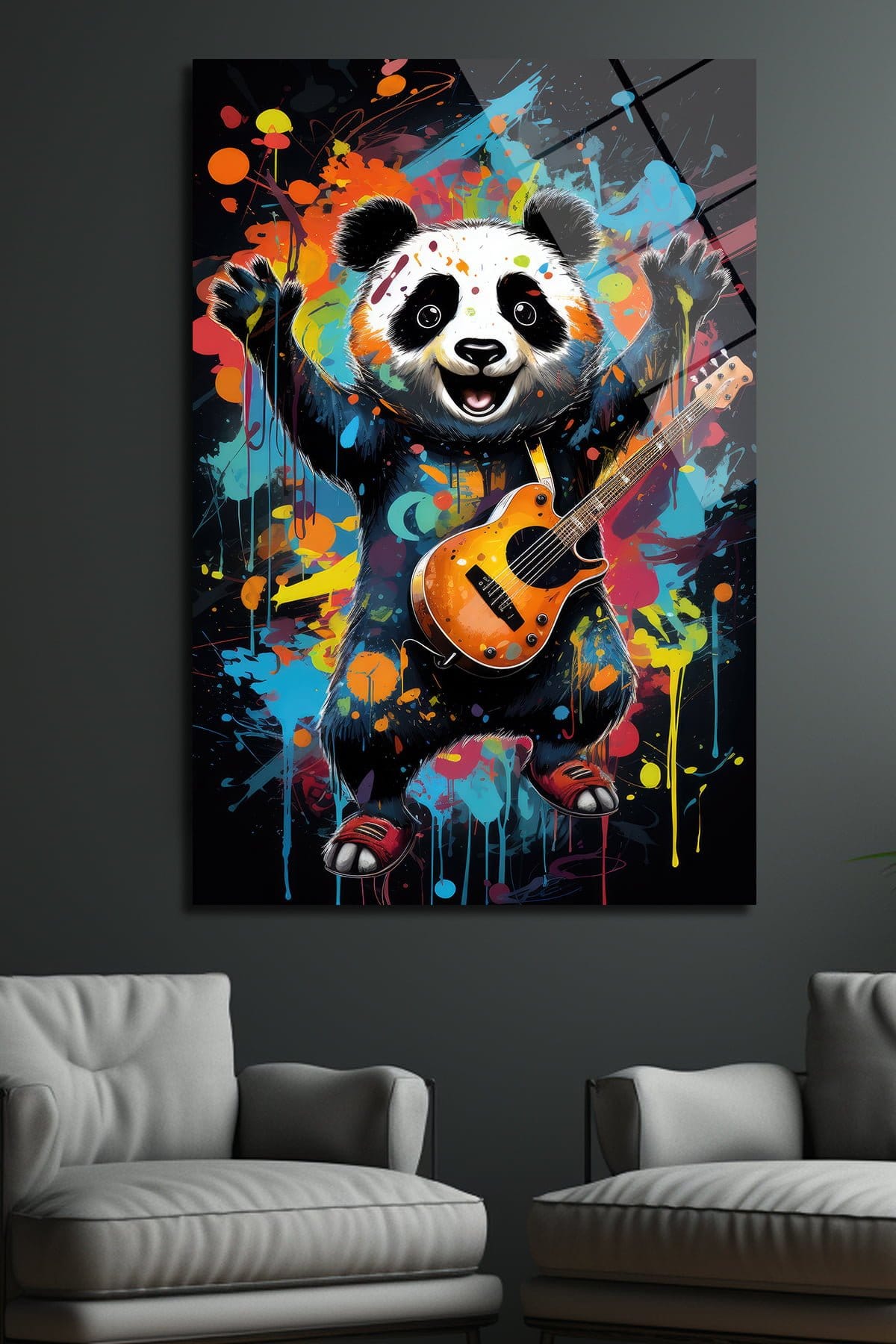 Rockstar Panda: Renkli Sıçramalarla Enerjik Cam Tablo Duvar Dekoru cam tablo, duvar sanatı, modern dekorasyon, soyut sanat, cam sanat eserleri, iç mekan dekorasyonu, ofis dekorasyonu, ev dekorasyonu, restoran dekorasyonu, cafe dekorasyonu, cam baskı, UV baskı, estetik duvar sanatı