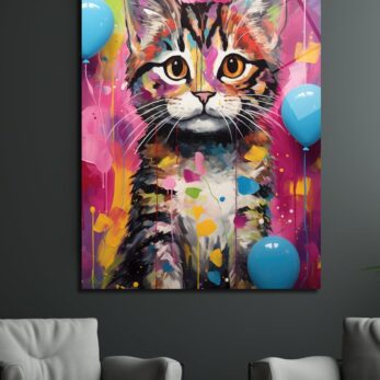 Neşeli Palet: Canlı Renklerle Kedi Sanatı Cam Tablo - Glazella
