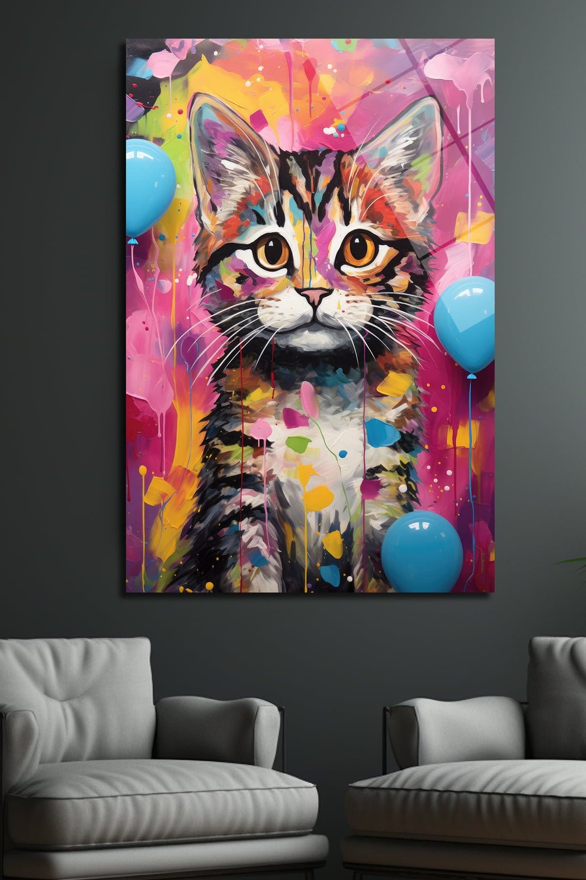 Neşeli Palet: Canlı Renklerle Kedi Sanatı Cam Tablo Duvar Dekoru cam tablo, duvar sanatı, modern dekorasyon, soyut sanat, cam sanat eserleri, iç mekan dekorasyonu, ofis dekorasyonu, ev dekorasyonu, restoran dekorasyonu, cafe dekorasyonu, cam baskı, UV baskı, estetik duvar sanatı