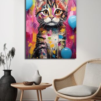 Neşeli Palet: Canlı Renklerle Kedi Sanatı Cam Tablo - Glazella