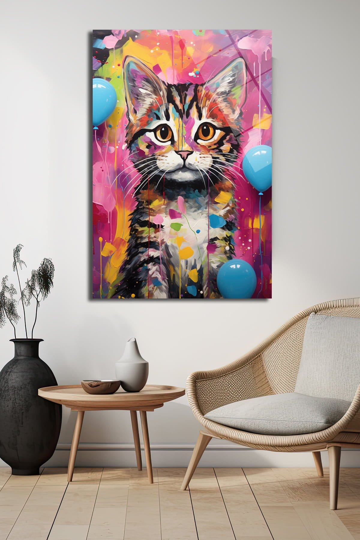 Neşeli Palet: Canlı Renklerle Kedi Sanatı Cam Tablo Duvar Dekoru cam tablo, duvar sanatı, modern dekorasyon, soyut sanat, cam sanat eserleri, iç mekan dekorasyonu, ofis dekorasyonu, ev dekorasyonu, restoran dekorasyonu, cafe dekorasyonu, cam baskı, UV baskı, estetik duvar sanatı