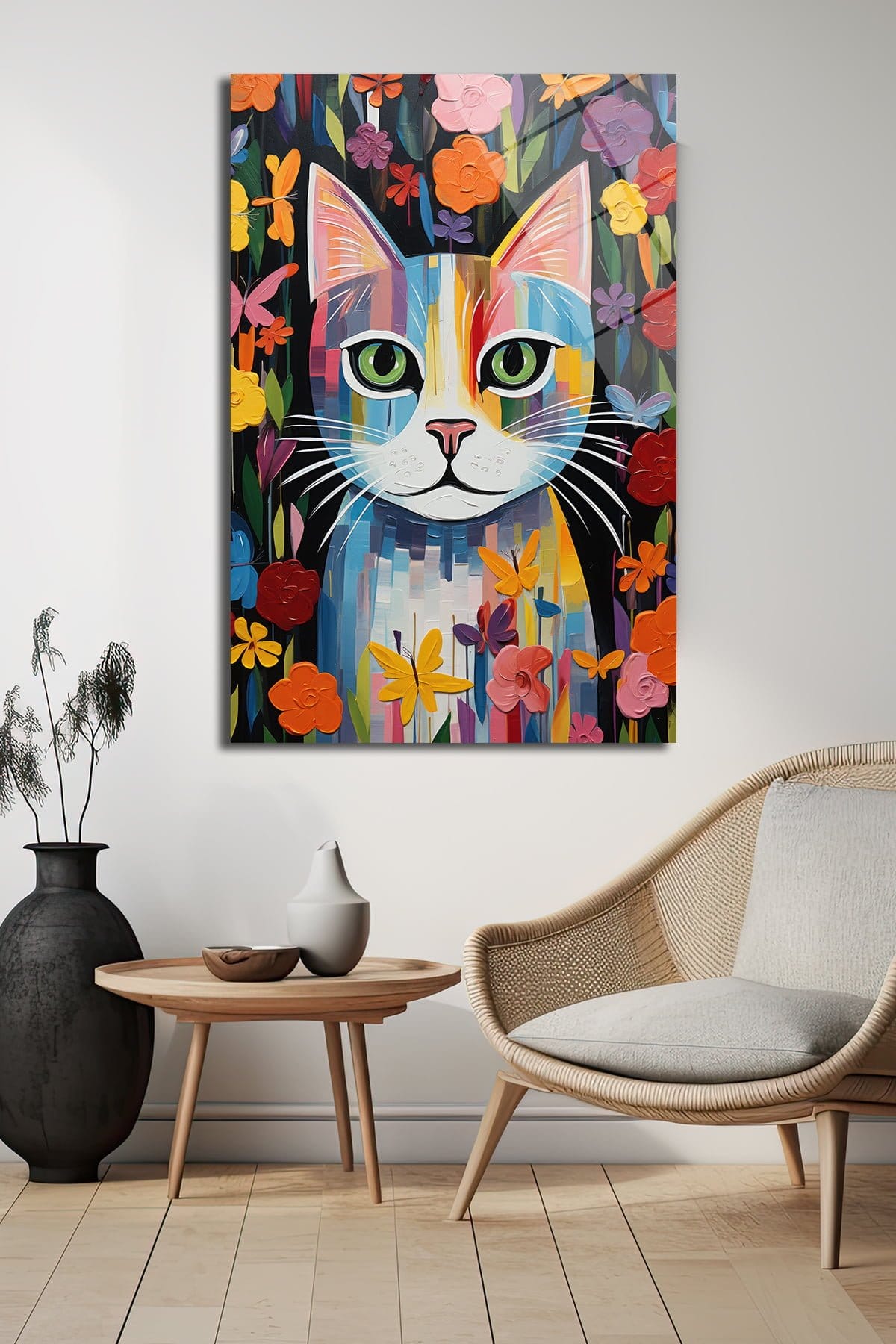 Rengarenk Neşe: Modern Sanat Kedi Temalı Temperli Cam Tablo Duvar Dekoru cam tablo, duvar sanatı, modern dekorasyon, soyut sanat, cam sanat eserleri, iç mekan dekorasyonu, ofis dekorasyonu, ev dekorasyonu, restoran dekorasyonu, cafe dekorasyonu, cam baskı, UV baskı, estetik duvar sanatı