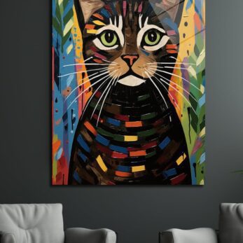 Renkli Mozaik Kedi: Modern Sanat Temperli Cam Tablo - Glazella