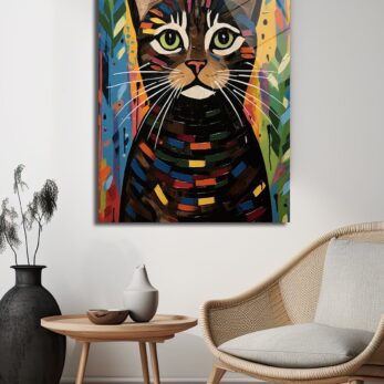 Renkli Mozaik Kedi: Modern Sanat Temperli Cam Tablo - Glazella