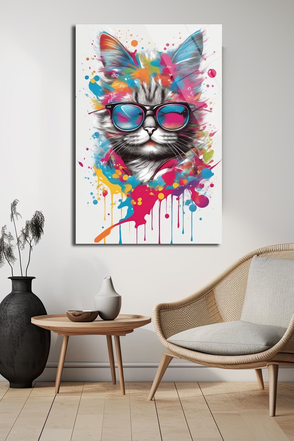 Cool Kedi: Renkli Sıçramalarla Gözlüklü Sanatsal Cam Tablo Duvar Dekoru cam tablo, duvar sanatı, modern dekorasyon, soyut sanat, cam sanat eserleri, iç mekan dekorasyonu, ofis dekorasyonu, ev dekorasyonu, restoran dekorasyonu, cafe dekorasyonu, cam baskı, UV baskı, estetik duvar sanatı
