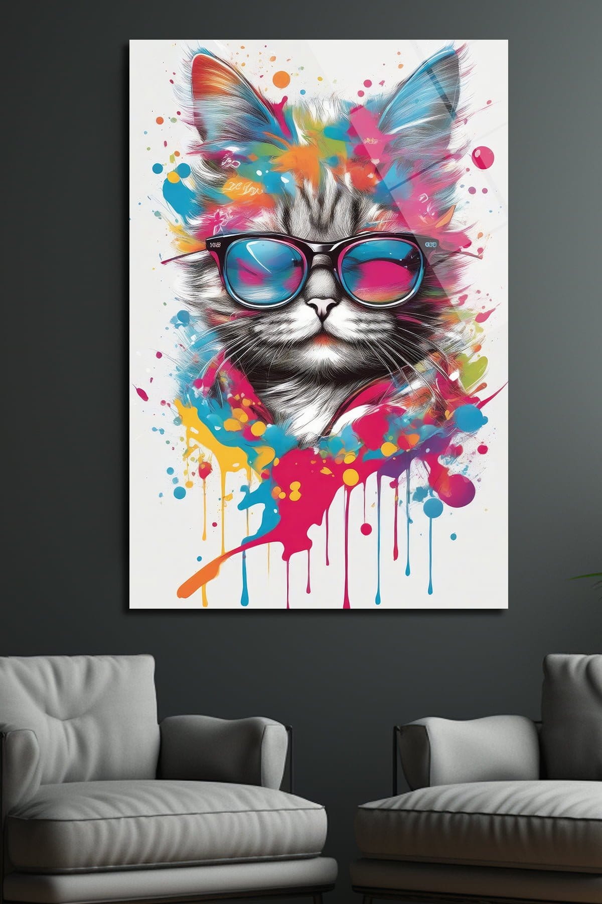 Cool Kedi: Renkli Sıçramalarla Gözlüklü Sanatsal Cam Tablo Duvar Dekoru cam tablo, duvar sanatı, modern dekorasyon, soyut sanat, cam sanat eserleri, iç mekan dekorasyonu, ofis dekorasyonu, ev dekorasyonu, restoran dekorasyonu, cafe dekorasyonu, cam baskı, UV baskı, estetik duvar sanatı