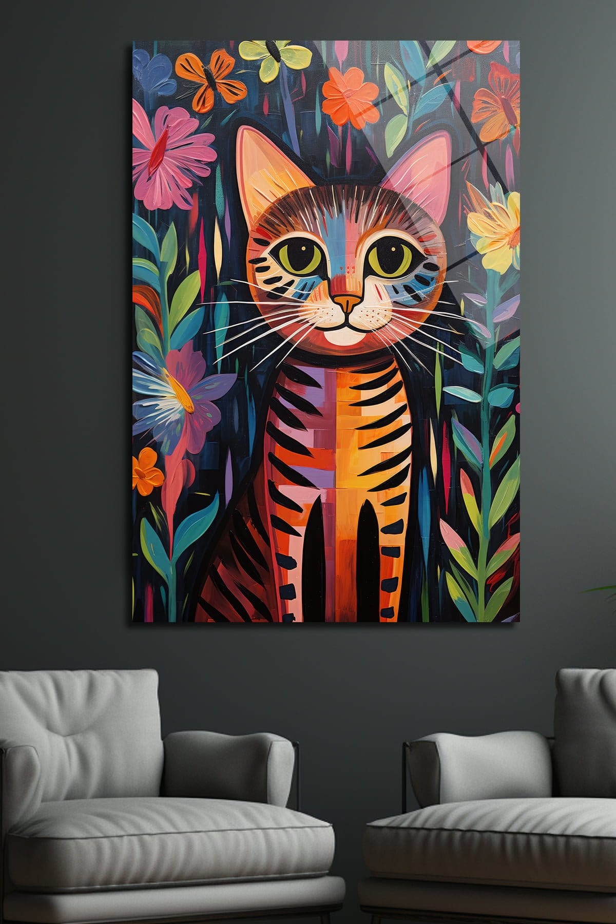 Renkli Bahçe Kedisi: Modern Sanat Temperli Cam Tablo Duvar Dekoru cam tablo, duvar sanatı, modern dekorasyon, soyut sanat, cam sanat eserleri, iç mekan dekorasyonu, ofis dekorasyonu, ev dekorasyonu, restoran dekorasyonu, cafe dekorasyonu, cam baskı, UV baskı, estetik duvar sanatı
