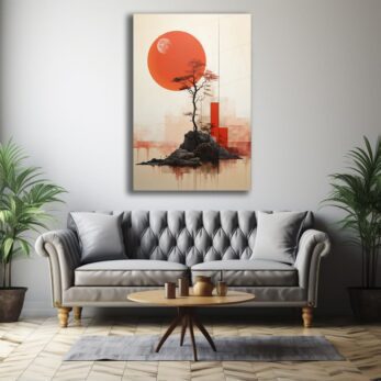 Kızıl Ufuk ve Bonsai: Japon Minimalist Modern Cam Tablo - Glazella