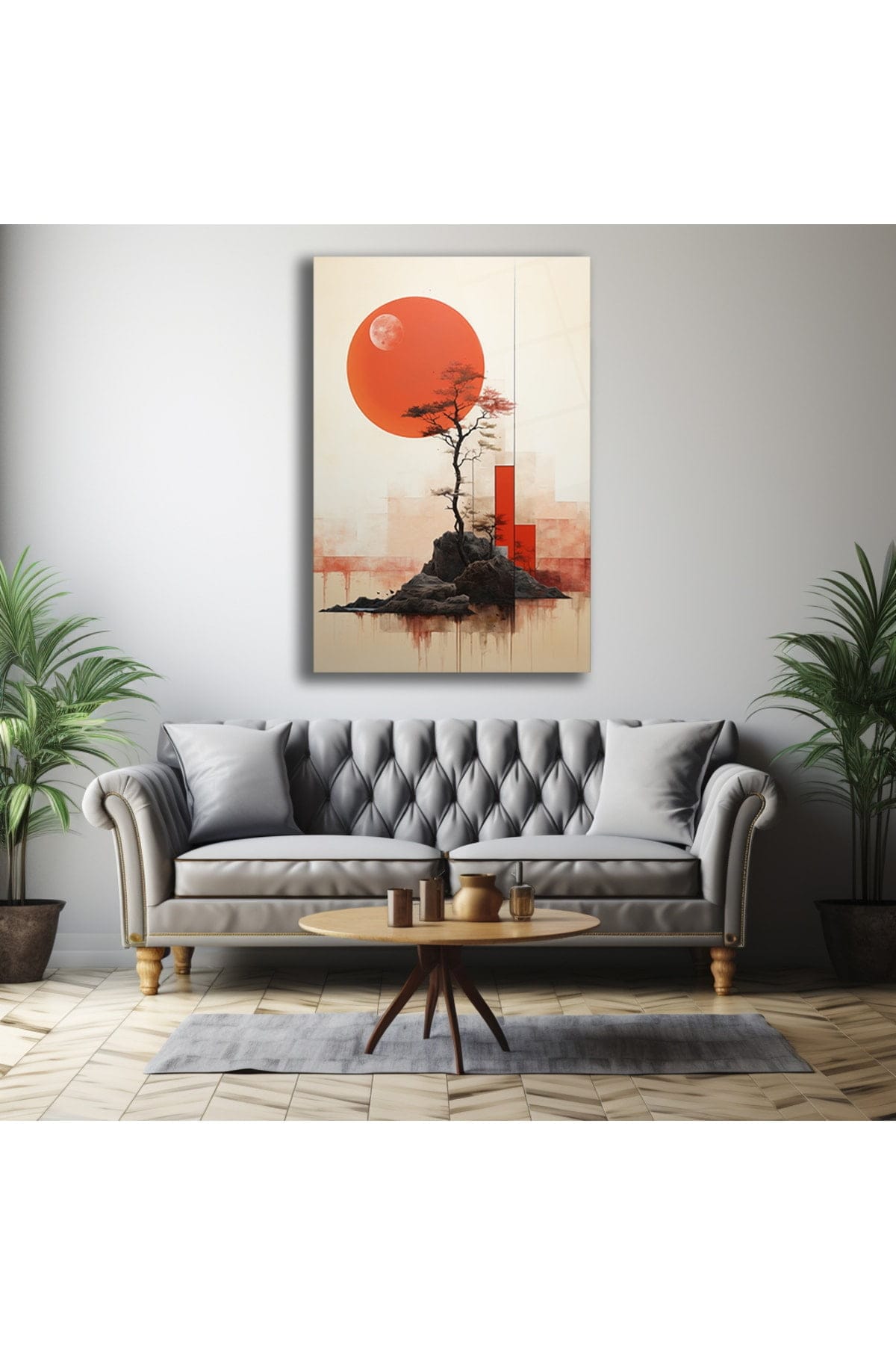 Kızıl Ufuk ve Bonsai: Japon Minimalist Modern Cam Tablo Duvar Dekoru cam tablo, duvar sanatı, modern dekorasyon, soyut sanat, cam sanat eserleri, iç mekan dekorasyonu, ofis dekorasyonu, ev dekorasyonu, restoran dekorasyonu, cafe dekorasyonu, cam baskı, UV baskı, estetik duvar sanatı