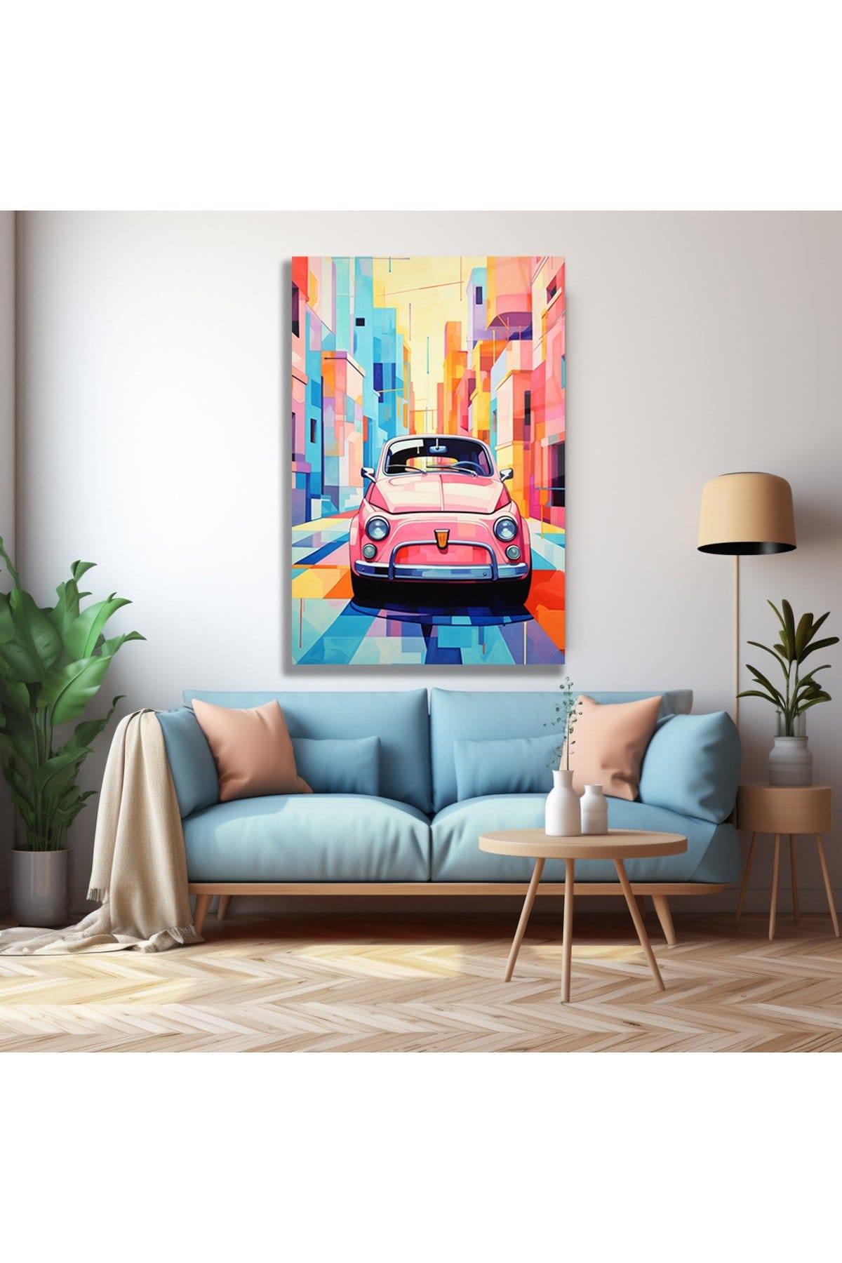 Renkli Şehirde Pembe Fiat 500: Modern Sanat Cam Tablo Duvar Dekoru cam tablo, duvar sanatı, modern dekorasyon, soyut sanat, cam sanat eserleri, iç mekan dekorasyonu, ofis dekorasyonu, ev dekorasyonu, restoran dekorasyonu, cafe dekorasyonu, cam baskı, UV baskı, estetik duvar sanatı
