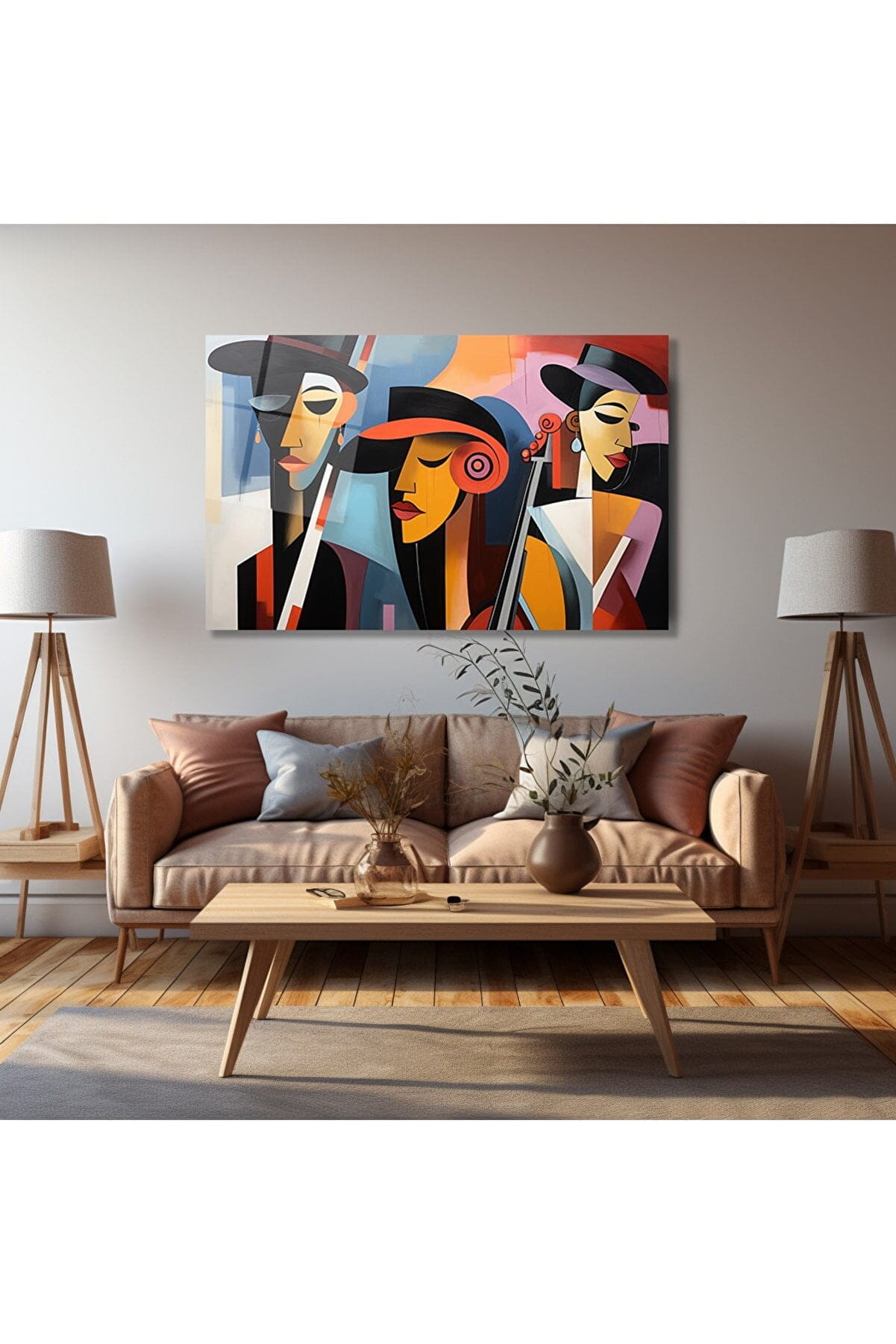 Cazın Ruhu: Art Deco Esintili Modern Figürlü Cam Tablo Duvar Dekoru cam tablo, duvar sanatı, modern dekorasyon, soyut sanat, cam sanat eserleri, iç mekan dekorasyonu, ofis dekorasyonu, ev dekorasyonu, restoran dekorasyonu, cafe dekorasyonu, cam baskı, UV baskı, estetik duvar sanatı