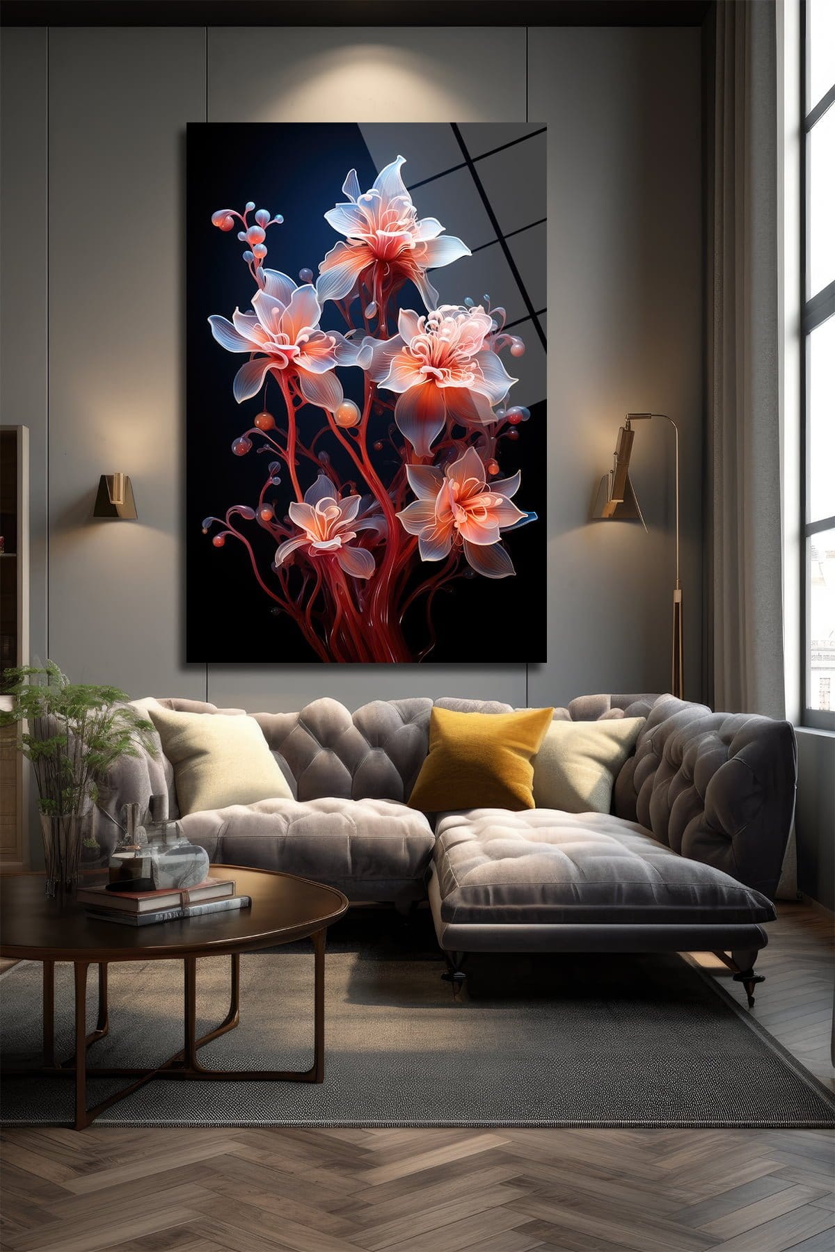 Eterik Işıltı: Modern Sanat Çiçekleri Temalı Temperli Cam Tablo Duvar Dekoru cam tablo, duvar sanatı, modern dekorasyon, soyut sanat, cam sanat eserleri, iç mekan dekorasyonu, ofis dekorasyonu, ev dekorasyonu, restoran dekorasyonu, cafe dekorasyonu, cam baskı, UV baskı, estetik duvar sanatı