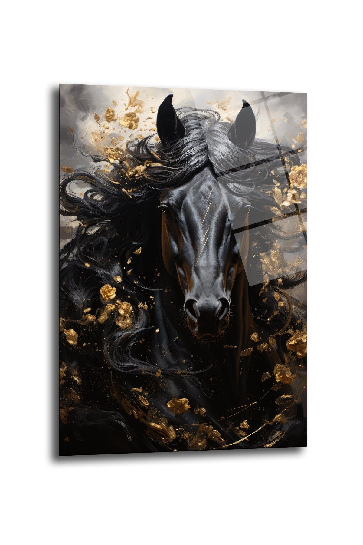 Asil Siyah At ve Altın Rüyası: Lüks Temperli Cam Tablo Duvar Dekoru cam tablo, duvar sanatı, modern dekorasyon, soyut sanat, cam sanat eserleri, iç mekan dekorasyonu, ofis dekorasyonu, ev dekorasyonu, restoran dekorasyonu, cafe dekorasyonu, cam baskı, UV baskı, estetik duvar sanatı