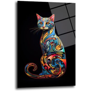 Rengarenk Mozaik Kedi: Canlı Sanat Temperli Cam Tablo - Glazella