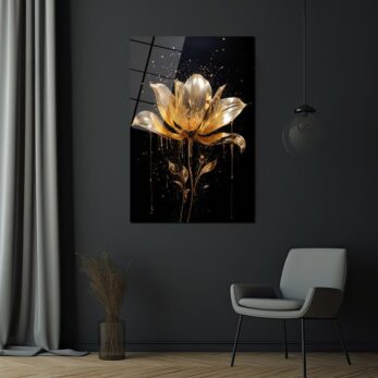 Altın Damlalı Lotus: Lüks ve Modern Cam Tablo Sanatı - Glazella