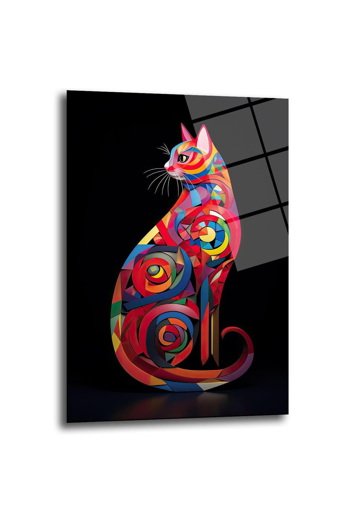Rengarenk Kedi: Modern Soyut Geometrik Cam Tablo Duvar Dekoru cam tablo, duvar sanatı, modern dekorasyon, soyut sanat, cam sanat eserleri, iç mekan dekorasyonu, ofis dekorasyonu, ev dekorasyonu, restoran dekorasyonu, cafe dekorasyonu, cam baskı, UV baskı, estetik duvar sanatı