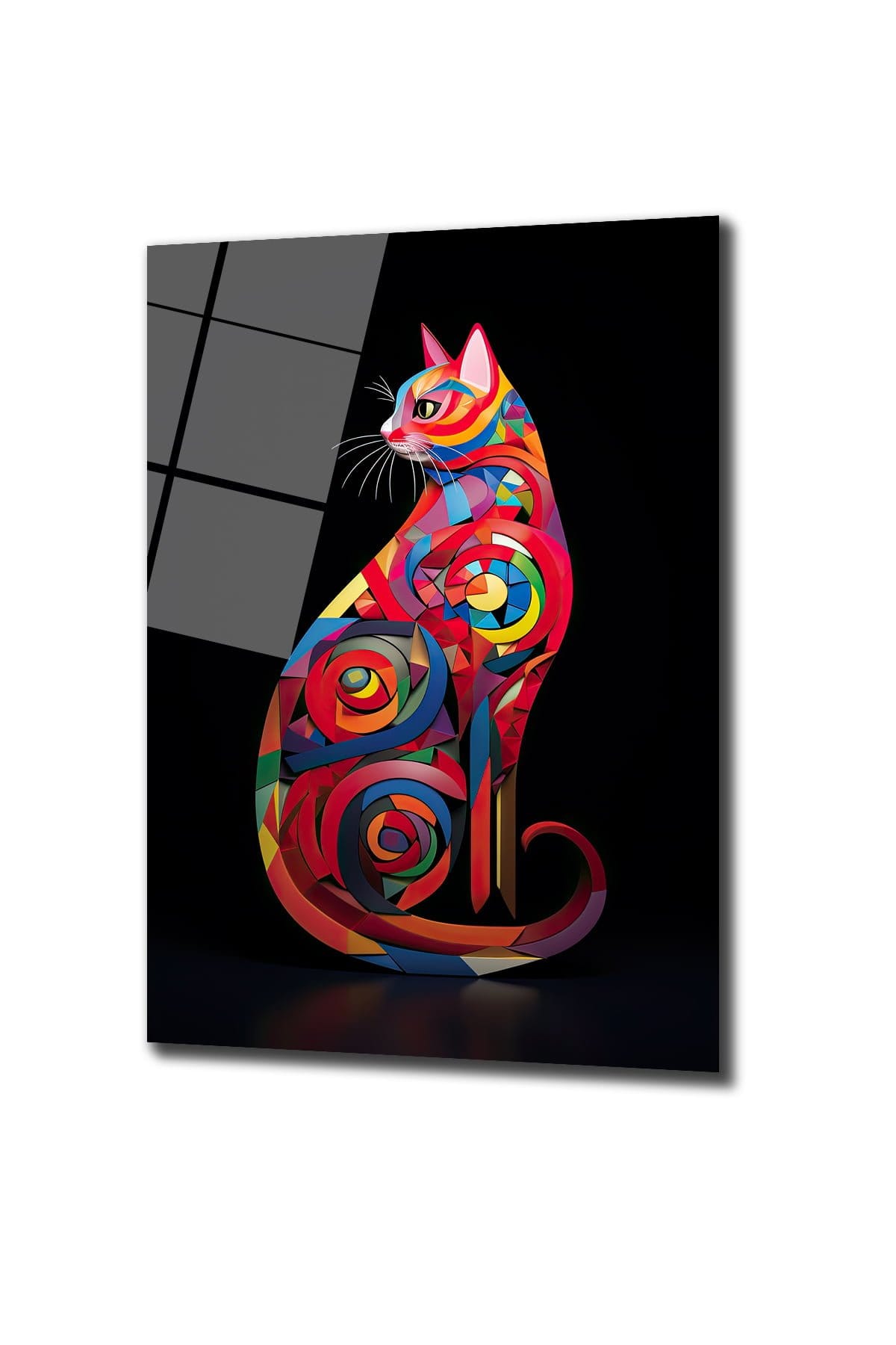 Rengarenk Kedi: Modern Soyut Geometrik Cam Tablo Duvar Dekoru cam tablo, duvar sanatı, modern dekorasyon, soyut sanat, cam sanat eserleri, iç mekan dekorasyonu, ofis dekorasyonu, ev dekorasyonu, restoran dekorasyonu, cafe dekorasyonu, cam baskı, UV baskı, estetik duvar sanatı