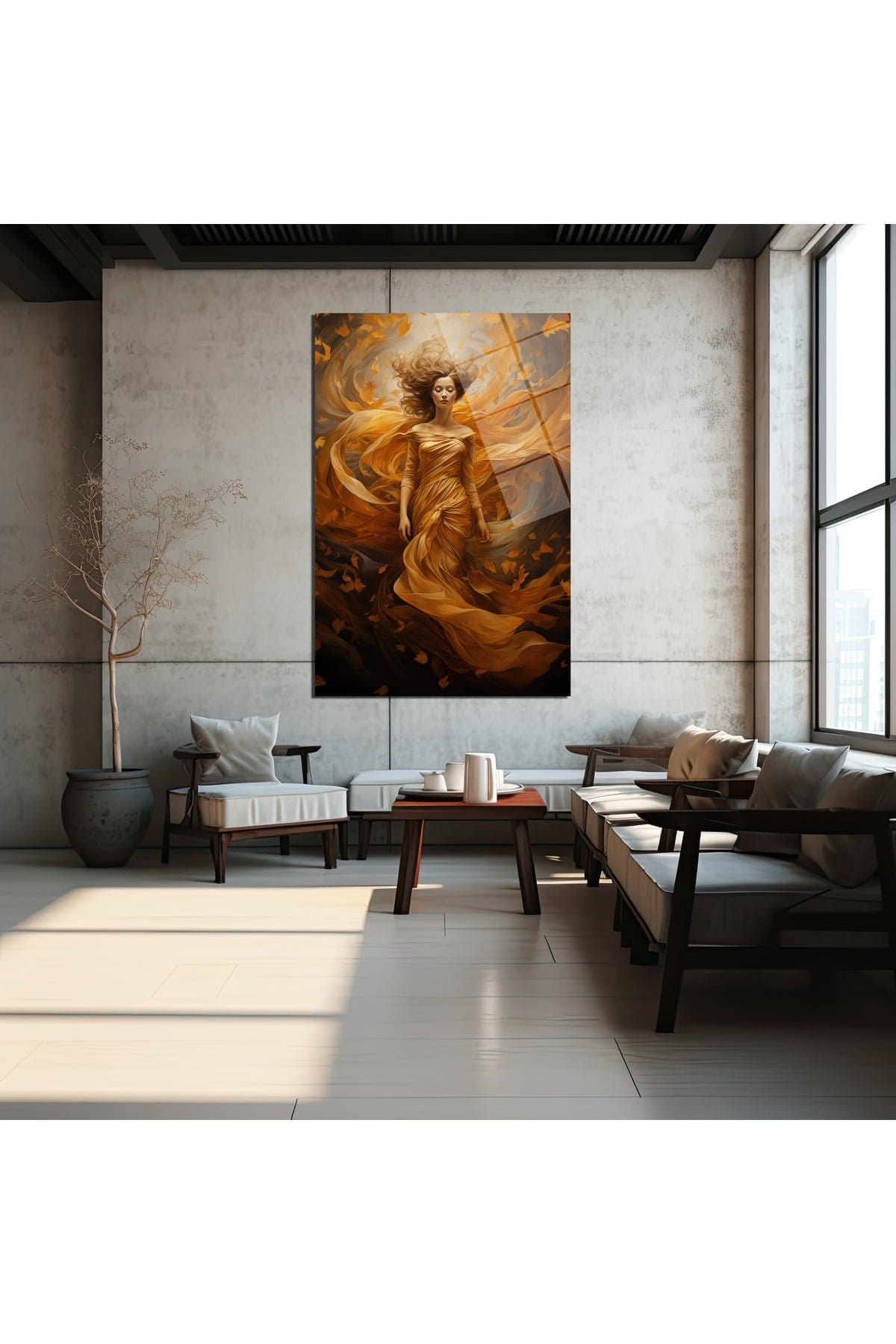 Rüzgarın Dansı: Altın Tonlarında Ethereal Kadın Cam Tablo Duvar Dekoru cam tablo, duvar sanatı, modern dekorasyon, soyut sanat, cam sanat eserleri, iç mekan dekorasyonu, ofis dekorasyonu, ev dekorasyonu, restoran dekorasyonu, cafe dekorasyonu, cam baskı, UV baskı, estetik duvar sanatı