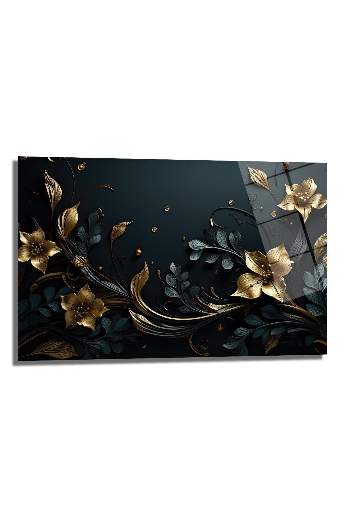 Altın Varaklı Derinlik: Lüks Floral Cam Tablo Duvar Dekoru cam tablo, duvar sanatı, modern dekorasyon, soyut sanat, cam sanat eserleri, iç mekan dekorasyonu, ofis dekorasyonu, ev dekorasyonu, restoran dekorasyonu, cafe dekorasyonu, cam baskı, UV baskı, estetik duvar sanatı