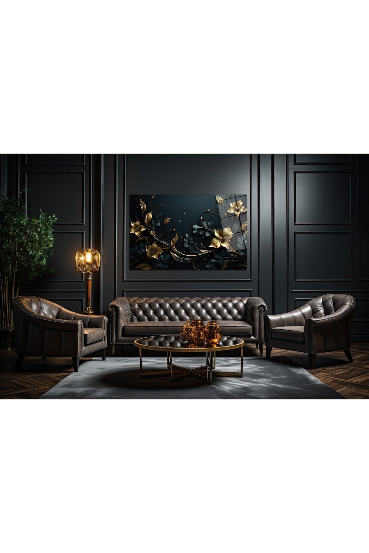 Altın Varaklı Derinlik: Lüks Floral Cam Tablo Duvar Dekoru cam tablo, duvar sanatı, modern dekorasyon, soyut sanat, cam sanat eserleri, iç mekan dekorasyonu, ofis dekorasyonu, ev dekorasyonu, restoran dekorasyonu, cafe dekorasyonu, cam baskı, UV baskı, estetik duvar sanatı