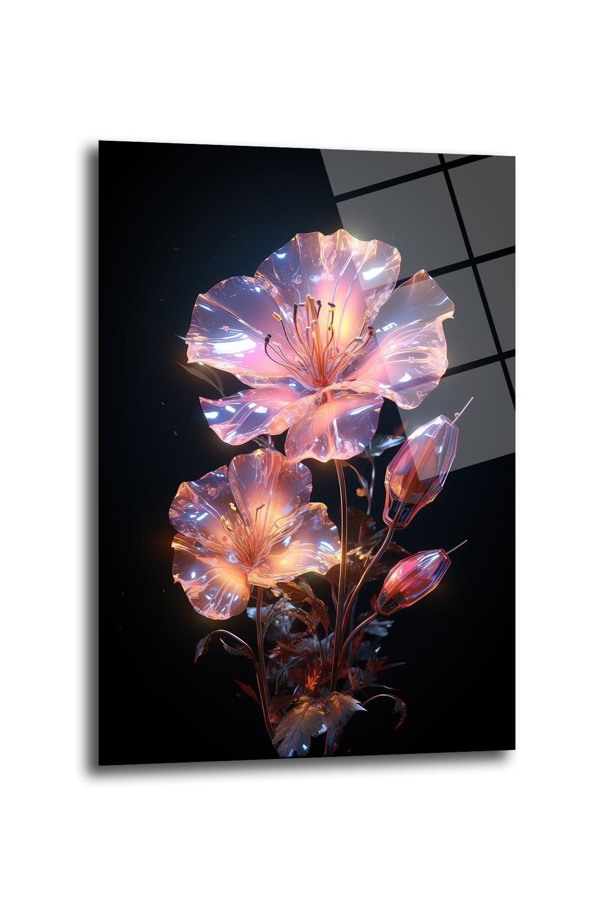 Ethereal Işıltı: Modern Cam Tablo ile Parlayan Kristal Çiçekler Duvar Dekoru cam tablo, duvar sanatı, modern dekorasyon, soyut sanat, cam sanat eserleri, iç mekan dekorasyonu, ofis dekorasyonu, ev dekorasyonu, restoran dekorasyonu, cafe dekorasyonu, cam baskı, UV baskı, estetik duvar sanatı