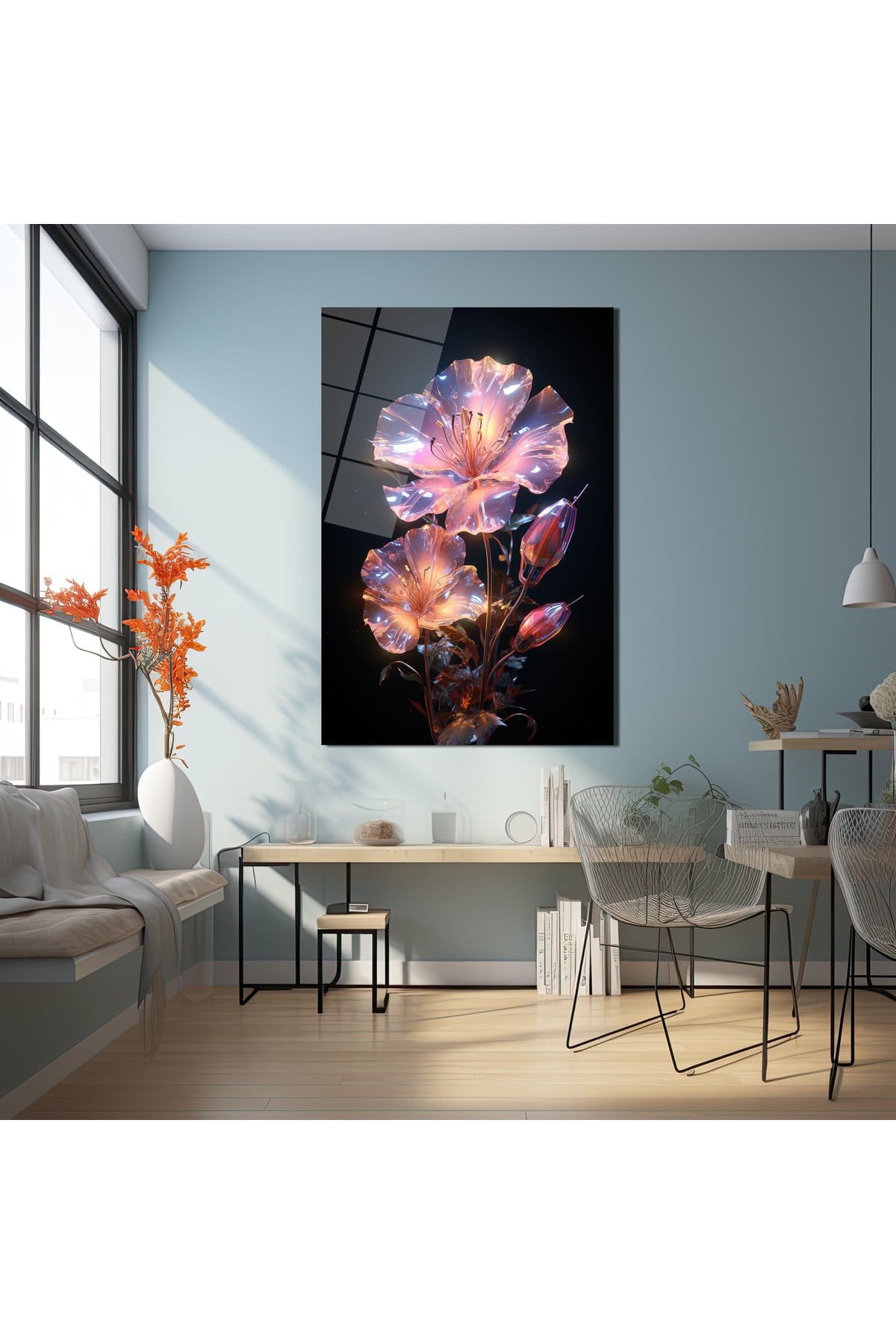 Ethereal Işıltı: Modern Cam Tablo ile Parlayan Kristal Çiçekler Duvar Dekoru cam tablo, duvar sanatı, modern dekorasyon, soyut sanat, cam sanat eserleri, iç mekan dekorasyonu, ofis dekorasyonu, ev dekorasyonu, restoran dekorasyonu, cafe dekorasyonu, cam baskı, UV baskı, estetik duvar sanatı