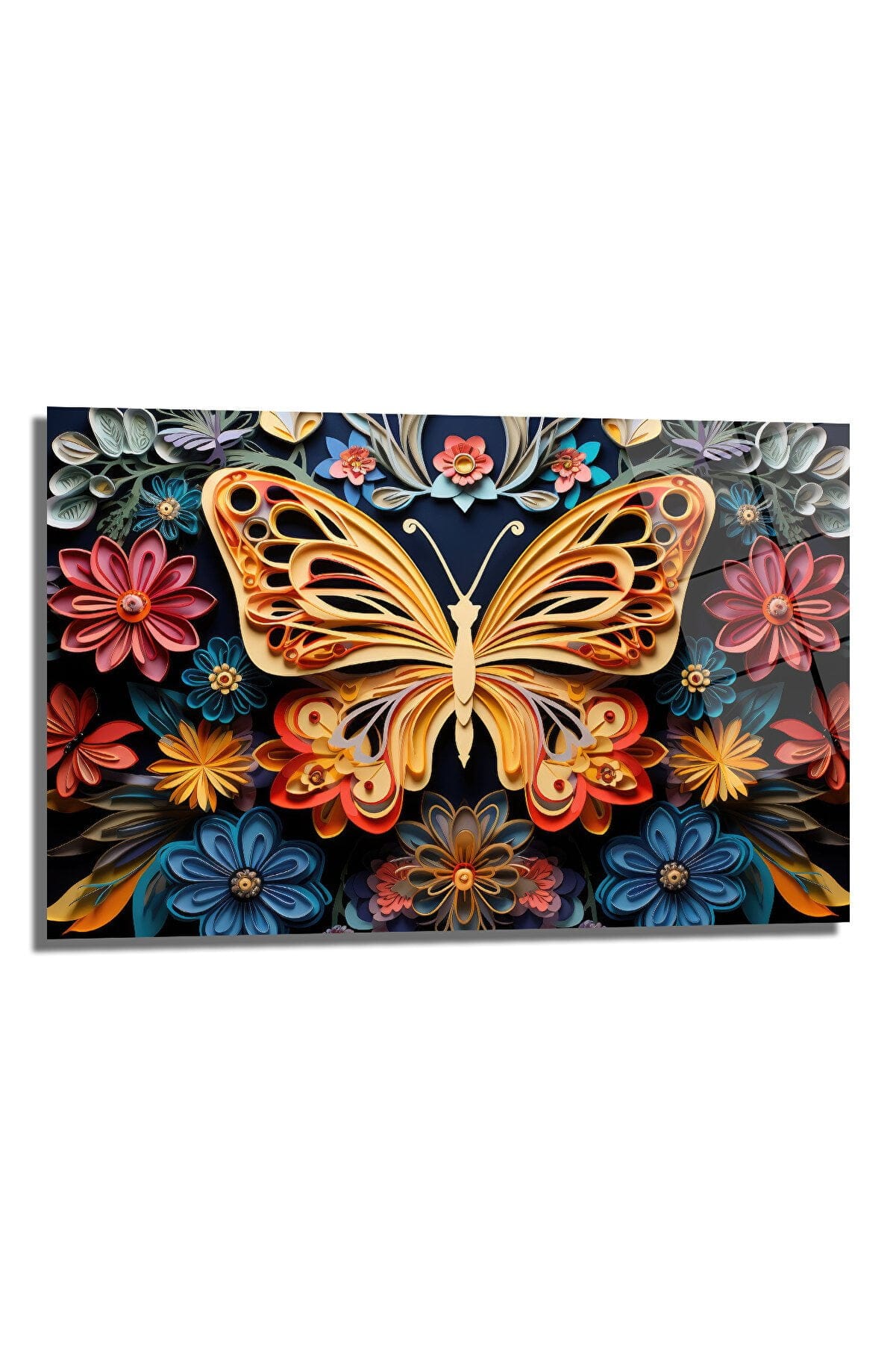 Altın Kelebek ve Quilling Çiçekler: Sanatsal Temperli Cam Tablo Duvar Dekoru cam tablo, duvar sanatı, modern dekorasyon, soyut sanat, cam sanat eserleri, iç mekan dekorasyonu, ofis dekorasyonu, ev dekorasyonu, restoran dekorasyonu, cafe dekorasyonu, cam baskı, UV baskı, estetik duvar sanatı