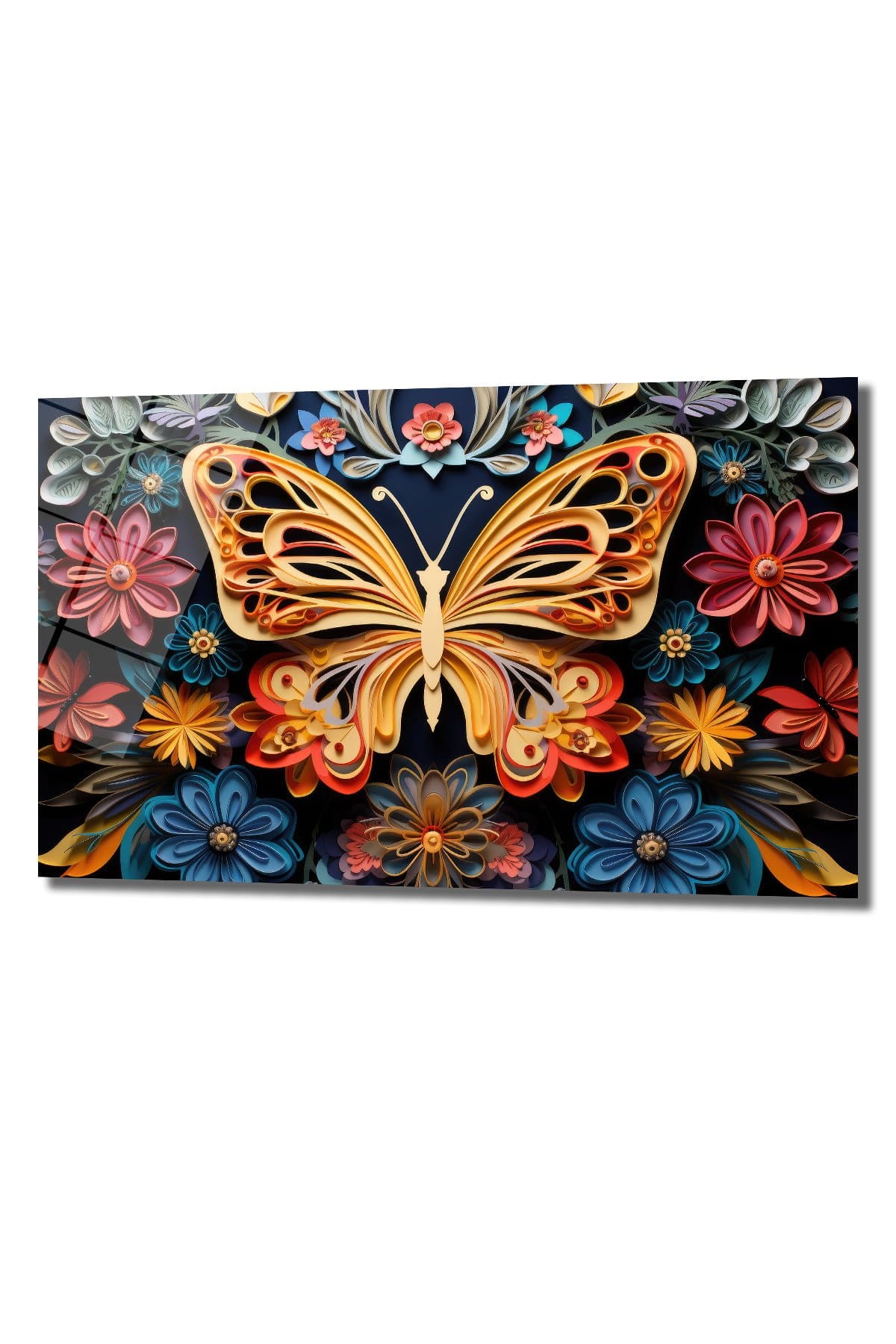 Altın Kelebek ve Quilling Çiçekler: Sanatsal Temperli Cam Tablo Duvar Dekoru cam tablo, duvar sanatı, modern dekorasyon, soyut sanat, cam sanat eserleri, iç mekan dekorasyonu, ofis dekorasyonu, ev dekorasyonu, restoran dekorasyonu, cafe dekorasyonu, cam baskı, UV baskı, estetik duvar sanatı