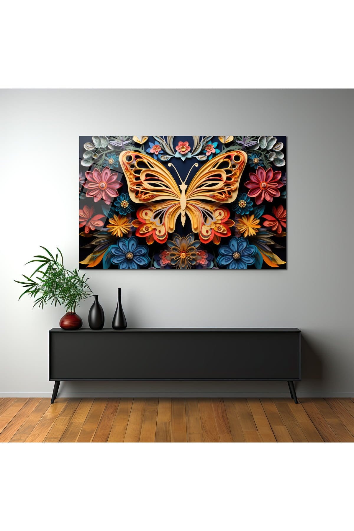Altın Kelebek ve Quilling Çiçekler: Sanatsal Temperli Cam Tablo Duvar Dekoru cam tablo, duvar sanatı, modern dekorasyon, soyut sanat, cam sanat eserleri, iç mekan dekorasyonu, ofis dekorasyonu, ev dekorasyonu, restoran dekorasyonu, cafe dekorasyonu, cam baskı, UV baskı, estetik duvar sanatı