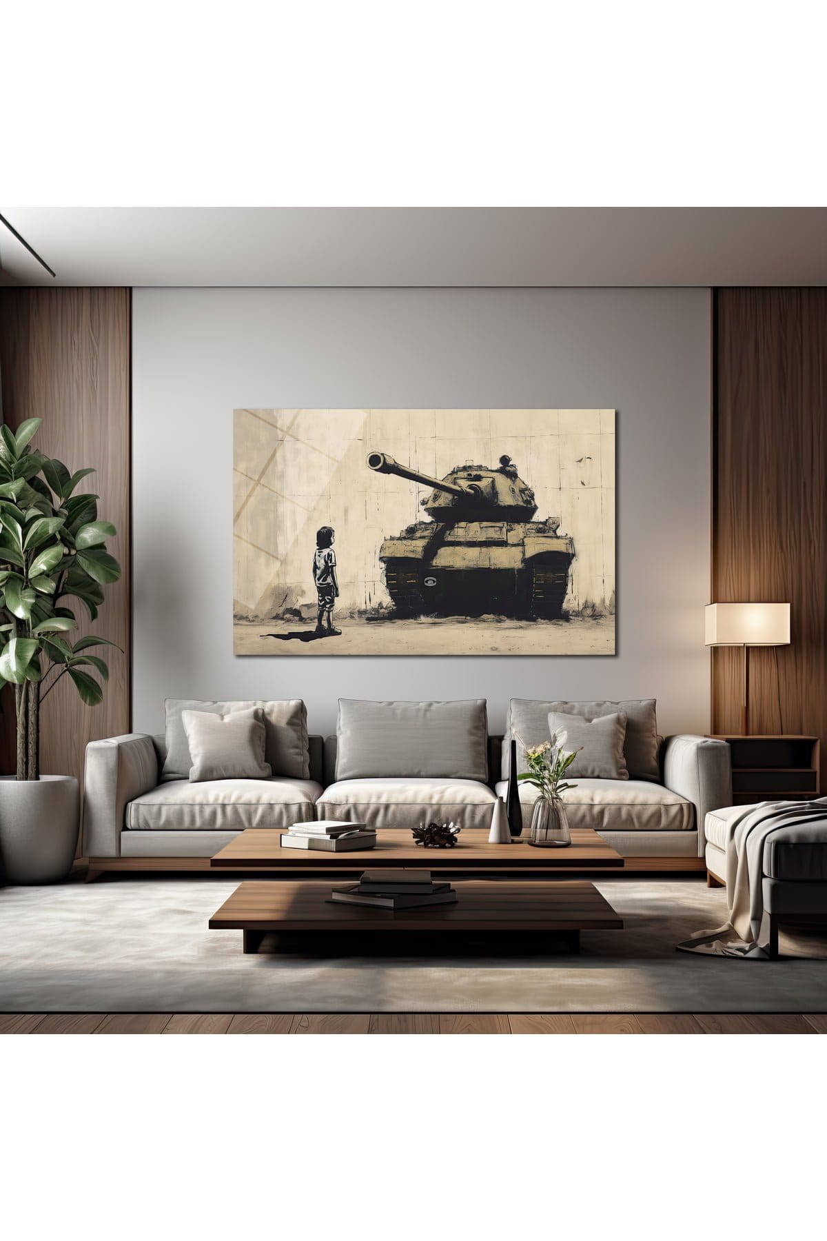 Masumiyetin Direnişi: Banksy Tarzı Çocuk ve Tank Cam Tablo Duvar Dekoru cam tablo, duvar sanatı, modern dekorasyon, soyut sanat, cam sanat eserleri, iç mekan dekorasyonu, ofis dekorasyonu, ev dekorasyonu, restoran dekorasyonu, cafe dekorasyonu, cam baskı, UV baskı, estetik duvar sanatı