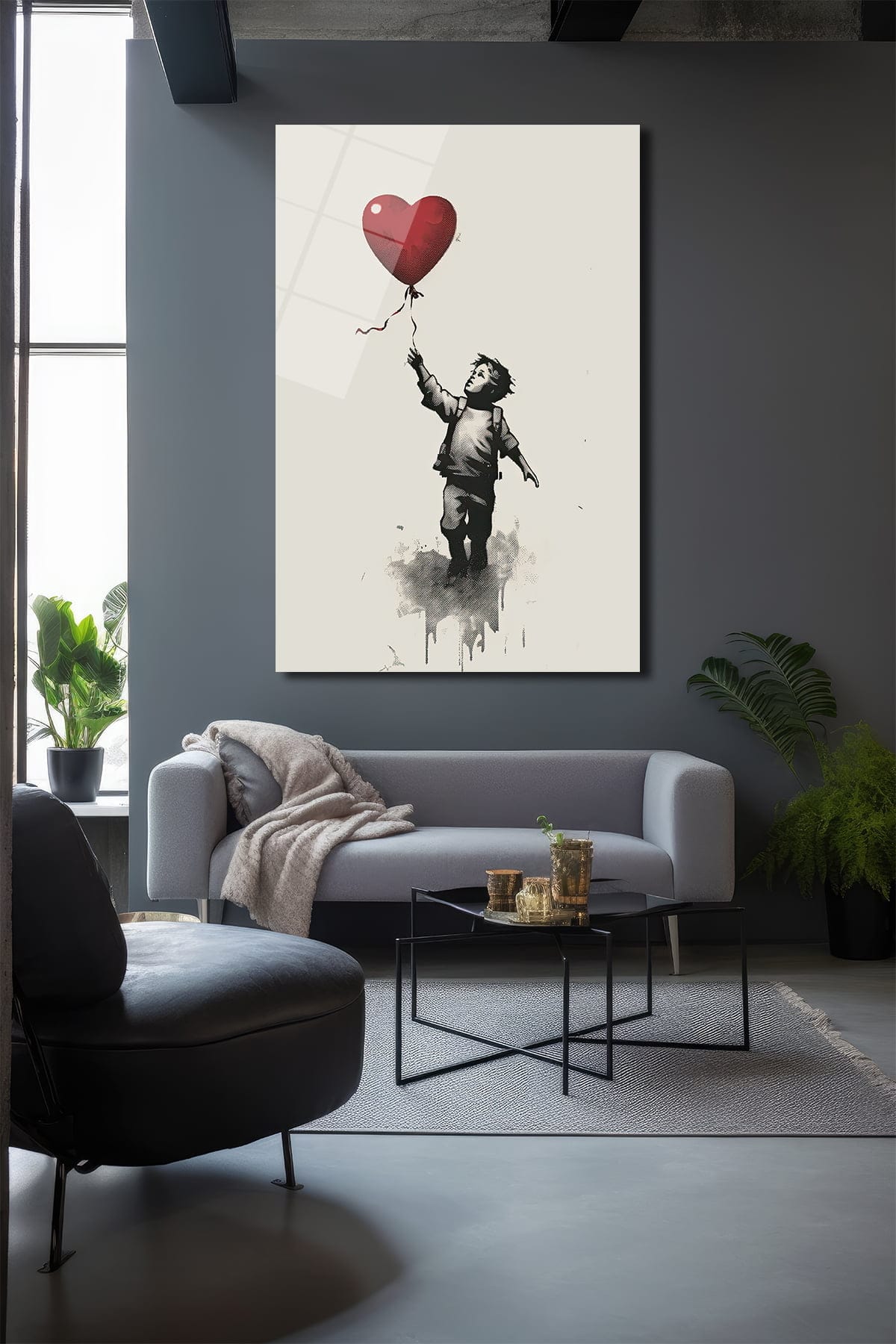 Kalp Balonlu Çocuk: Umut ve Kaybın Banksy Esintili Cam Tablosu Duvar Dekoru cam tablo, duvar sanatı, modern dekorasyon, soyut sanat, cam sanat eserleri, iç mekan dekorasyonu, ofis dekorasyonu, ev dekorasyonu, restoran dekorasyonu, cafe dekorasyonu, cam baskı, UV baskı, estetik duvar sanatı