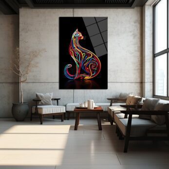 Renkli Rüyaların Kedisi: Modern Sanat Cam Tablo - Glazella Renkli Rüyaların Kedisi: Modern Sanat Cam Tablo - Glazella